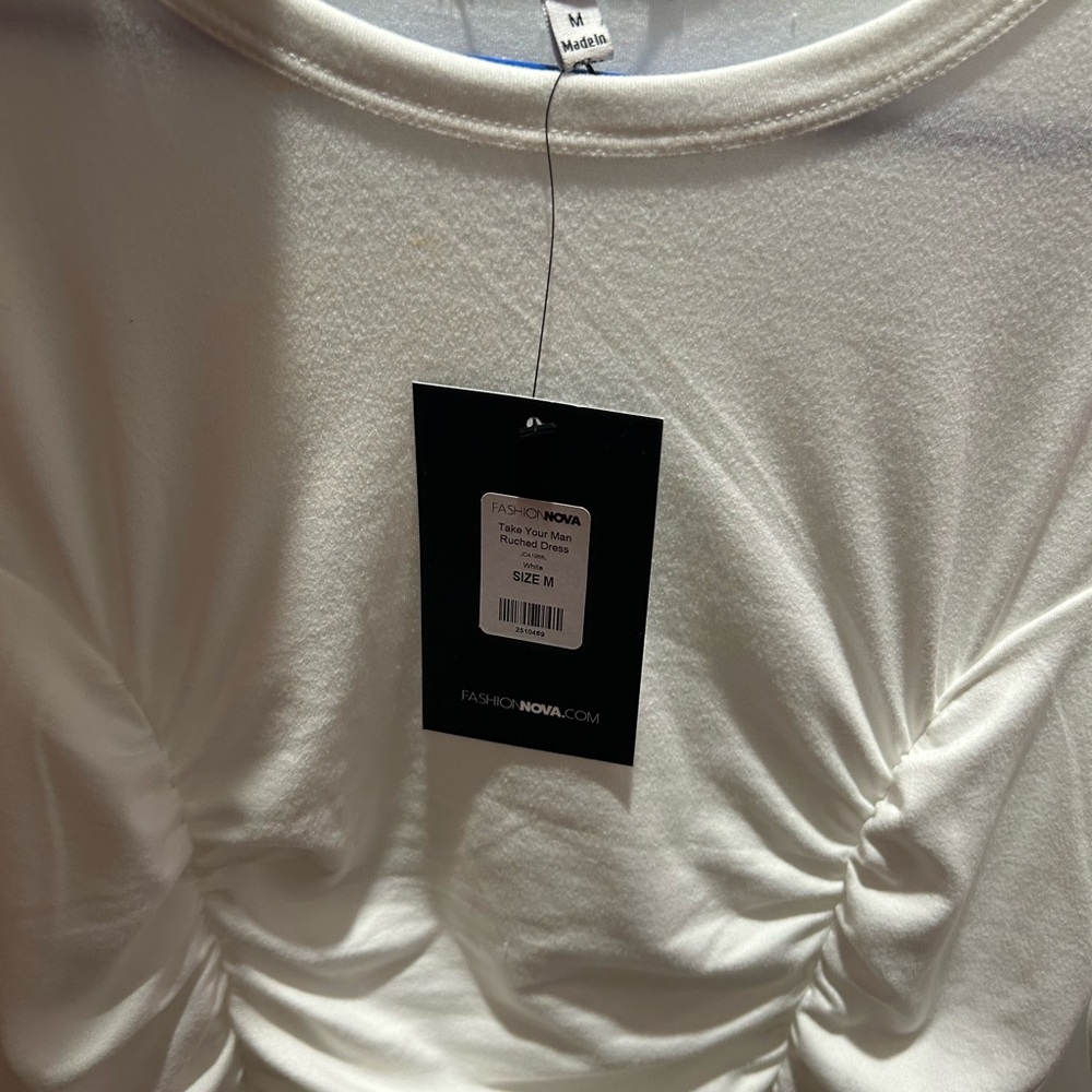 Fashion Nova Cream Ruched Long Sleeve Dress